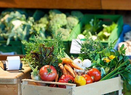 Eine Holzsteige gefüllt mit Tomaten, Radi, Bund Karotten, eine Zitrone, Bund Mangold, Frühlingszwiebeln, Stangensellerei und ein Strauß mit verschiedenen Kräutern. Daneben steht ein Rechengerät mit Tippstreifen auf einem Holztisch.