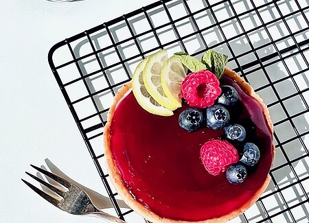 Hofgut Wandlbeck Ein kleiner Kuchen mit roter Glasur, garniert mit Beeren und Zitronenscheiben, auf einem Gitterrost.